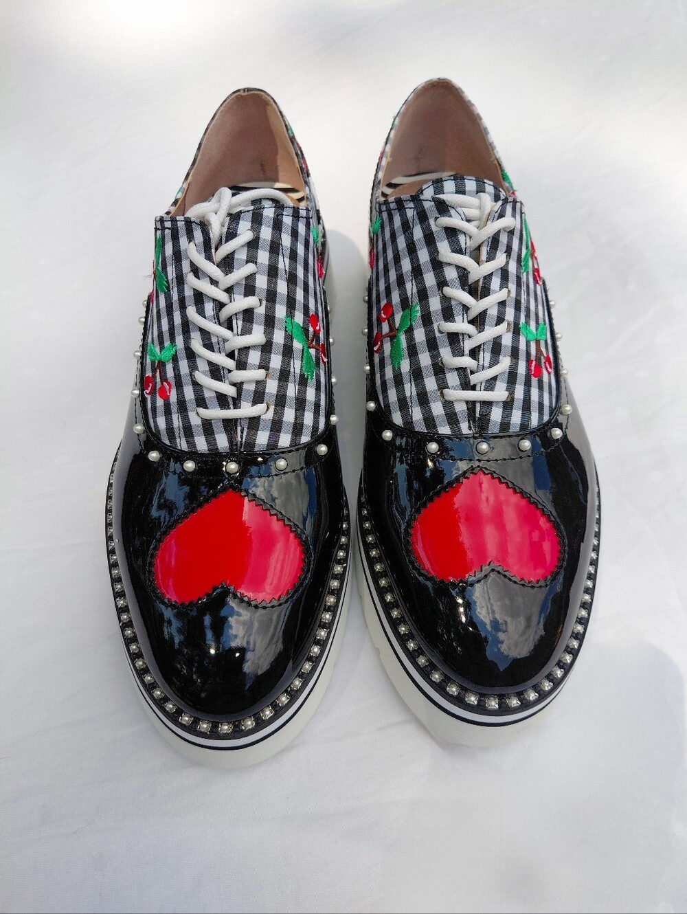 NWOT SZ 10 Betsey Johnson Abbott Ladies Chunky Cherry Gingham Lace-Up Loafers - Picture 3 of 11